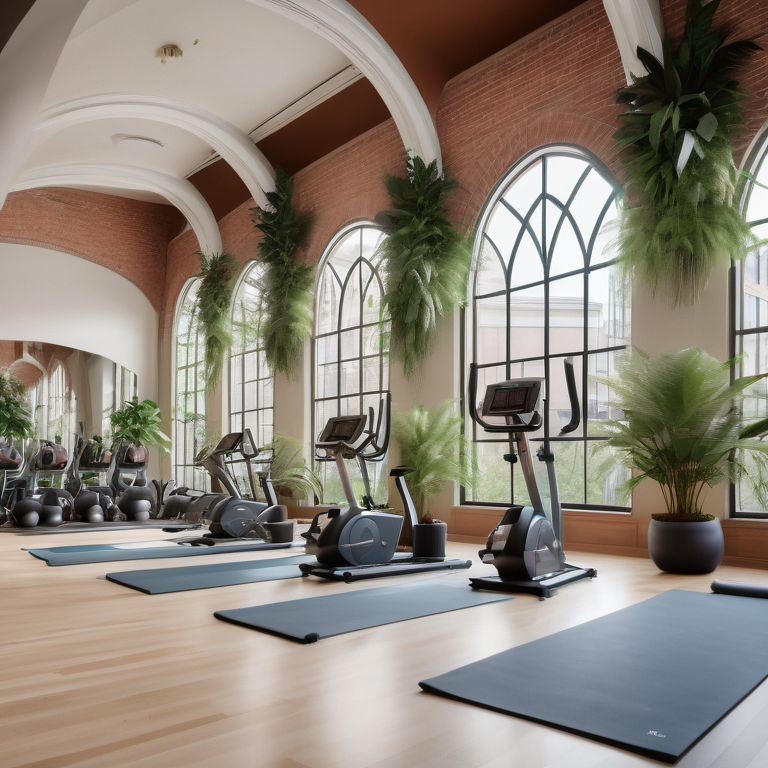 Patrons exercising in a luxurious, well-lit gym with modern equipment and indoor plants.