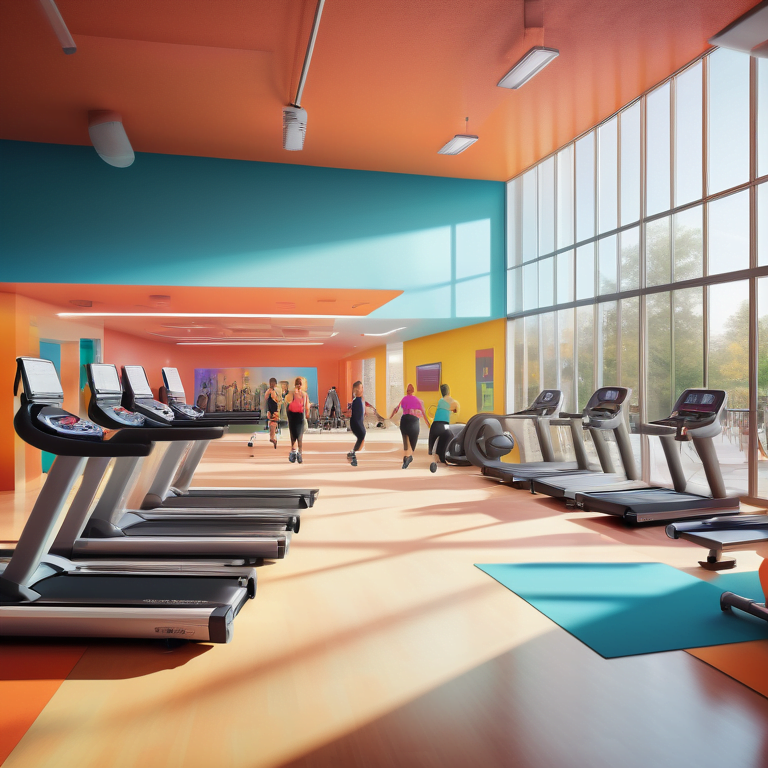 Illustration of a bustling gym interior with people exercising and a welcoming reception area.