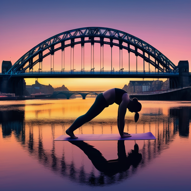 Silhouette of an individual practicing yoga by the Tyne Bridge at sunrise, symbolizing tranquility and healing.